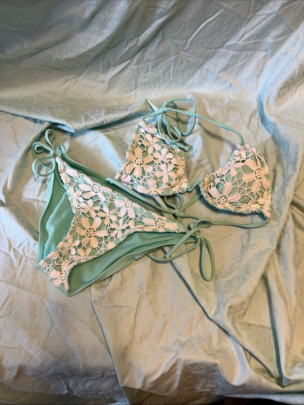 Xhilaration Mint Green Bikini Bottom with White Crochet Trim